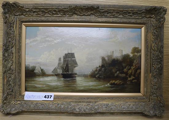 19th century English School, oil on board, shipping on an estuary beside a castle, 18 x 32cm